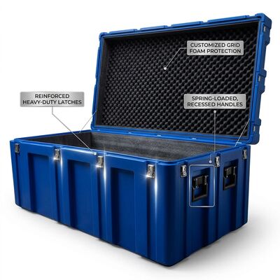 ล้อ 1200mm Rotomolded กล่องเครื่องมือ IP65 กันน้ํา กล่องขนส่งอุปกรณ์ยาว LLDPE ทหาร