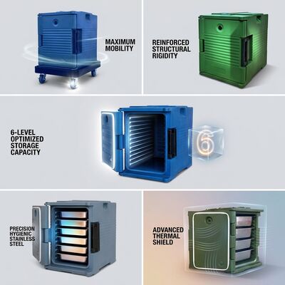 Rotomolded Food Carrier 90L Insulated Delivery Box GN Pan Storage Four Casters PE Cabinet 635x460x640mm