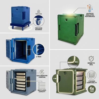 Rotomolded Food Carrier 90L Insulated Delivery Box GN Pan Storage Four Casters PE Cabinet 635x460x640mm